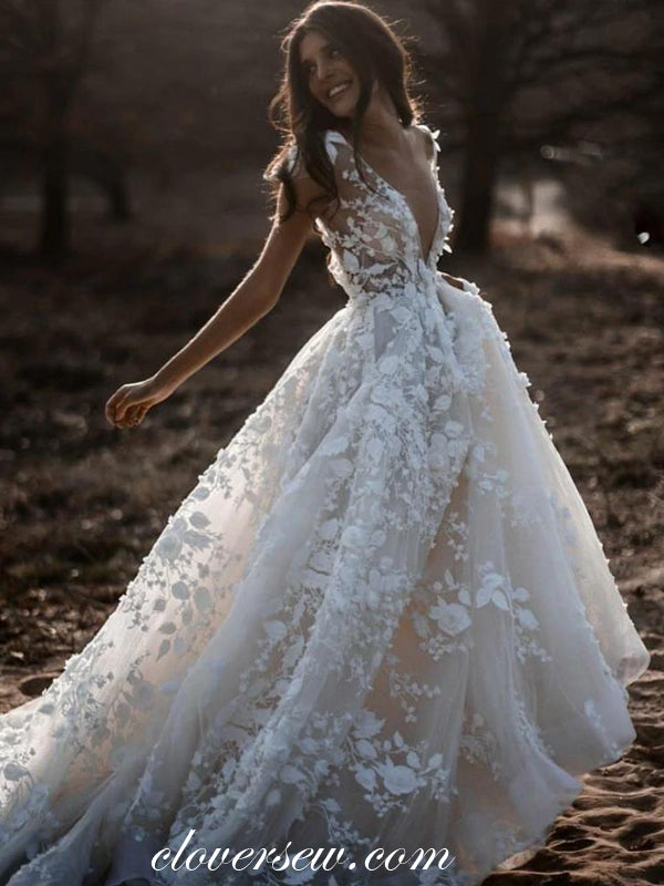 3D Floral Lace Cap Sleeves Backless A-Line Stunning Wedding Dresses, CW0271 US10 / Custom Color(Leaving A note) 3D Floral Lace Cap Sleeves Backless A-Line Stunning Wedding Dresses, CW0271 US10 / Custom Color(Leaving A note)