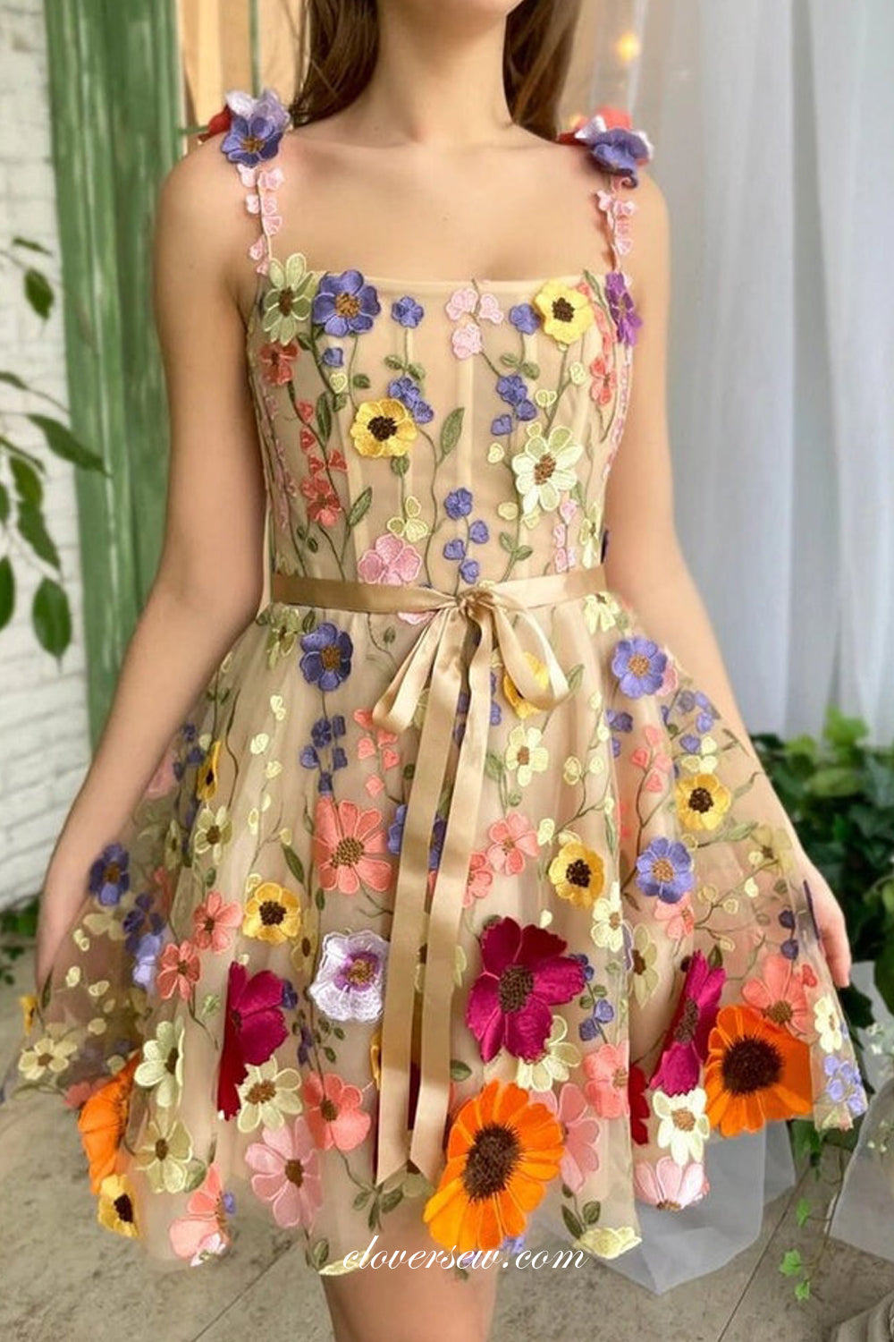 3D Floral Lace Square Neck Sleeveless Short Party Dresses, CP1015