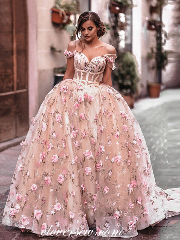3D Floral Lace Blush Pink Off The Shoulder Ball Gown Prom Dresses , CP0117 3D Floral Lace Blush Pink Off The Shoulder Ball Gown Prom Dresses , CP0117