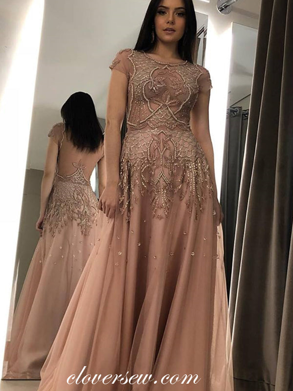 Bead Nude Tulle Illusion Back Short Sleeves A-line Formal Dresses, CP0 clover sew Bead Nude Tulle Illusion Back Short Sleeves A-line Formal Dresses, CP0 clover sew
