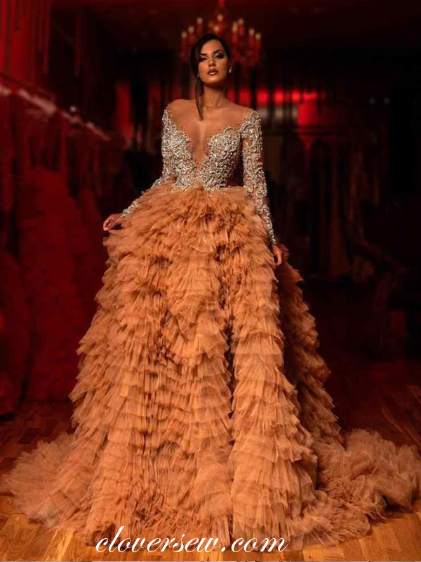 Bead Applique Illusion Long Sleeves Tiered Tulle Ball Gown Prom Dresse clover sew Bead Applique Illusion Long Sleeves Tiered Tulle Ball Gown Prom Dresse clover sew