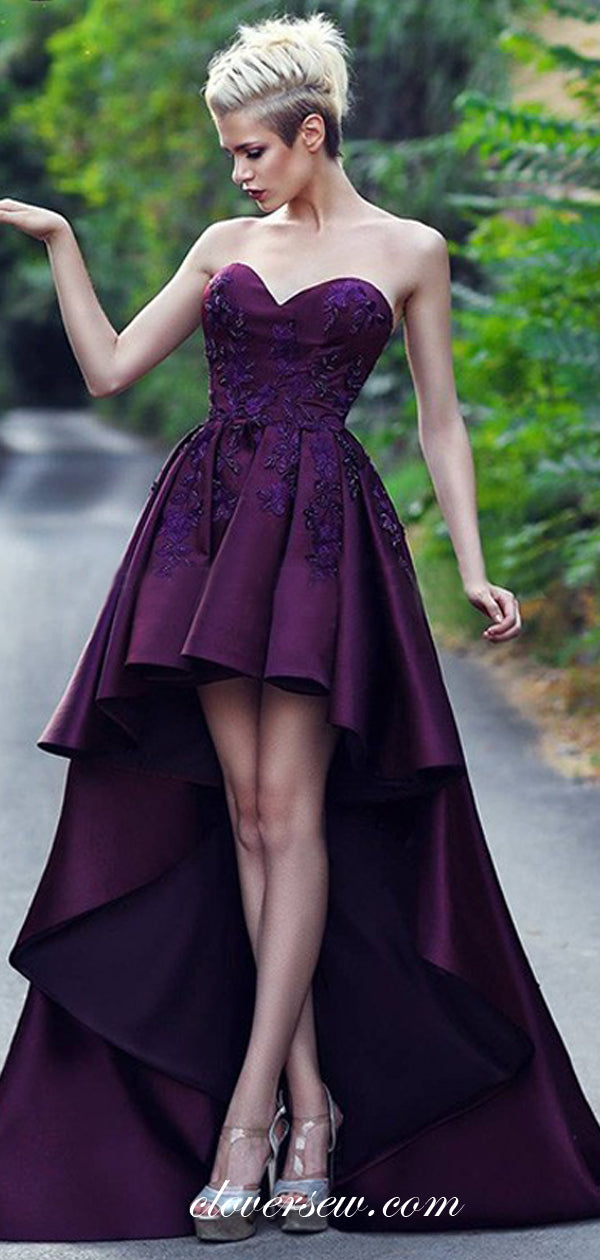Bead Lace Satin Sweetheart Strapless High Low Prom Dresses, CP0122