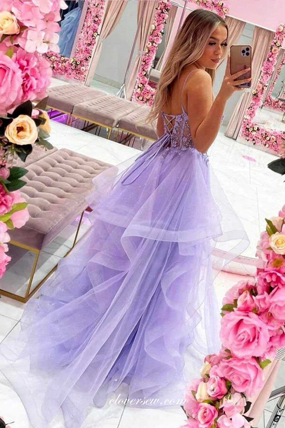 Beaded Lace Lilac Tulle Ruffles A-line Fashion Prom Dresses, CP0962