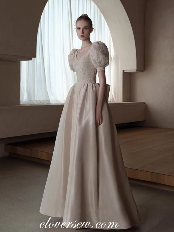 Beaded Lace Satin Short Sleeves Ivory Elegant Wedding Dresses, CW0325 clover sew Beaded Lace Satin Short Sleeves Ivory Elegant Wedding Dresses, CW0325 clover sew