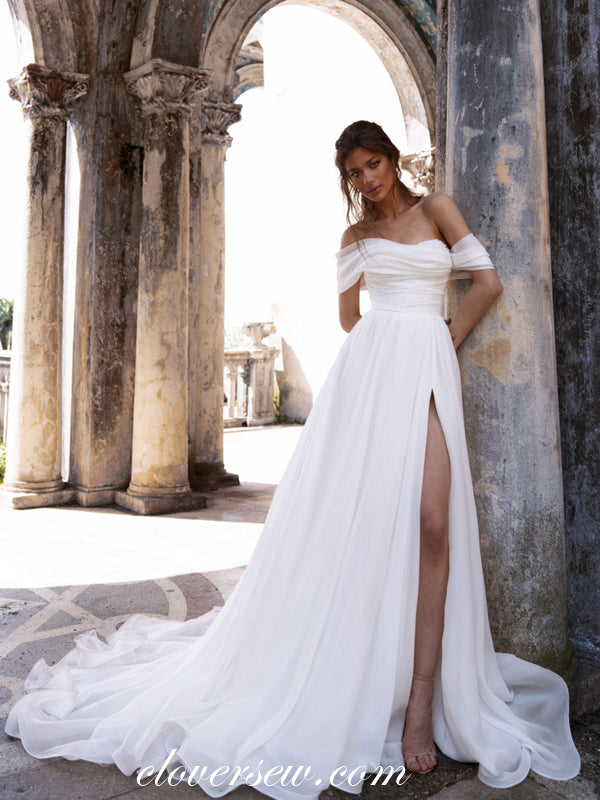 Beaded Neckline Ivory Chiffon Off The Shoulder Side Slit Wedding Dresses, CW0331 Custom Size(Leaving A note) / Custom Color(Leaving A note) Beaded Neckline Ivory Chiffon Off The Shoulder Side Slit Wedding Dresses, CW0331 Custom Size(Leaving A note) / Custom Color(Leaving A note)