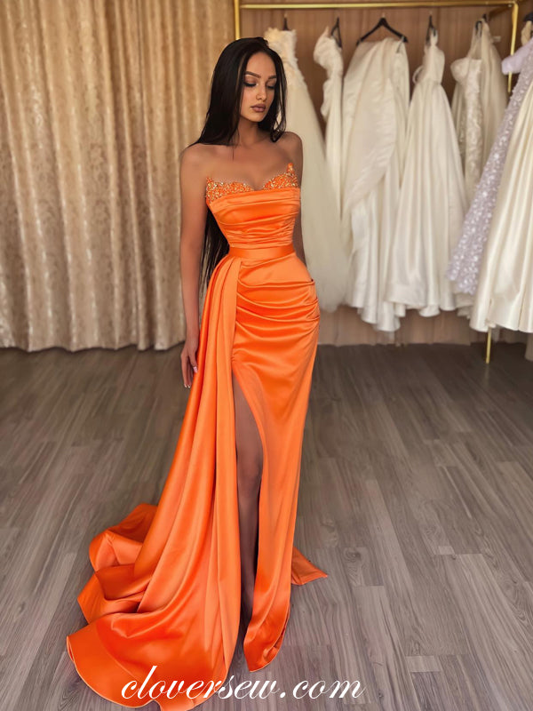Beaded Neckline Strapless Orange Satin Sheath With Side Slit Prom Dres clover sew Beaded Neckline Strapless Orange Satin Sheath With Side Slit Prom Dres clover sew