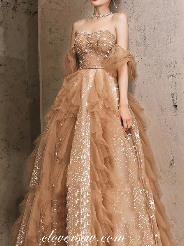 Beaded Ruffles Tulle Sweetheart Off The Shoulder Charming Prom Dresses, CP0800