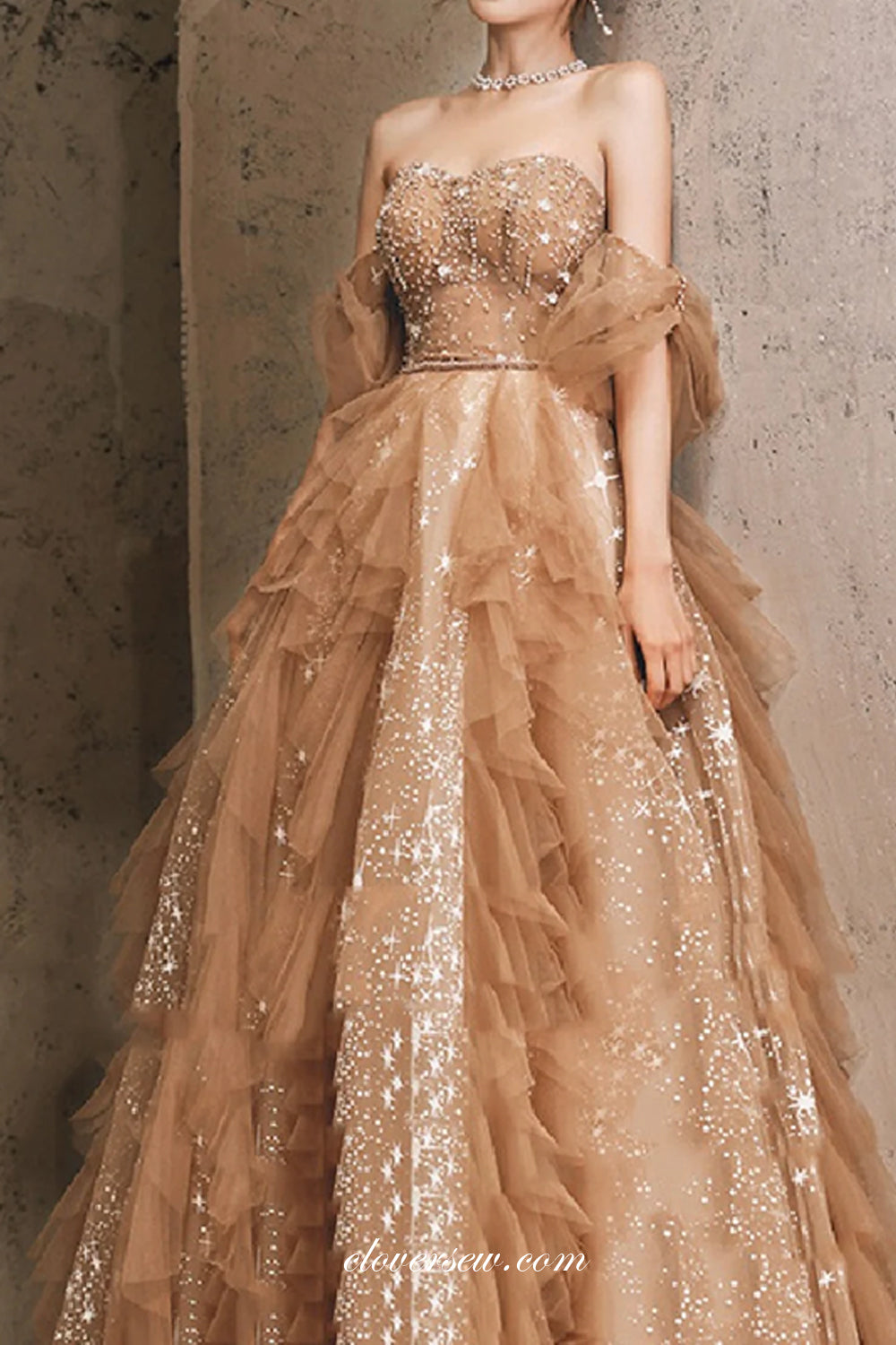 Beaded Ruffles Tulle Sweetheart Off The Shoulder Charming Prom Dresses, CP0800