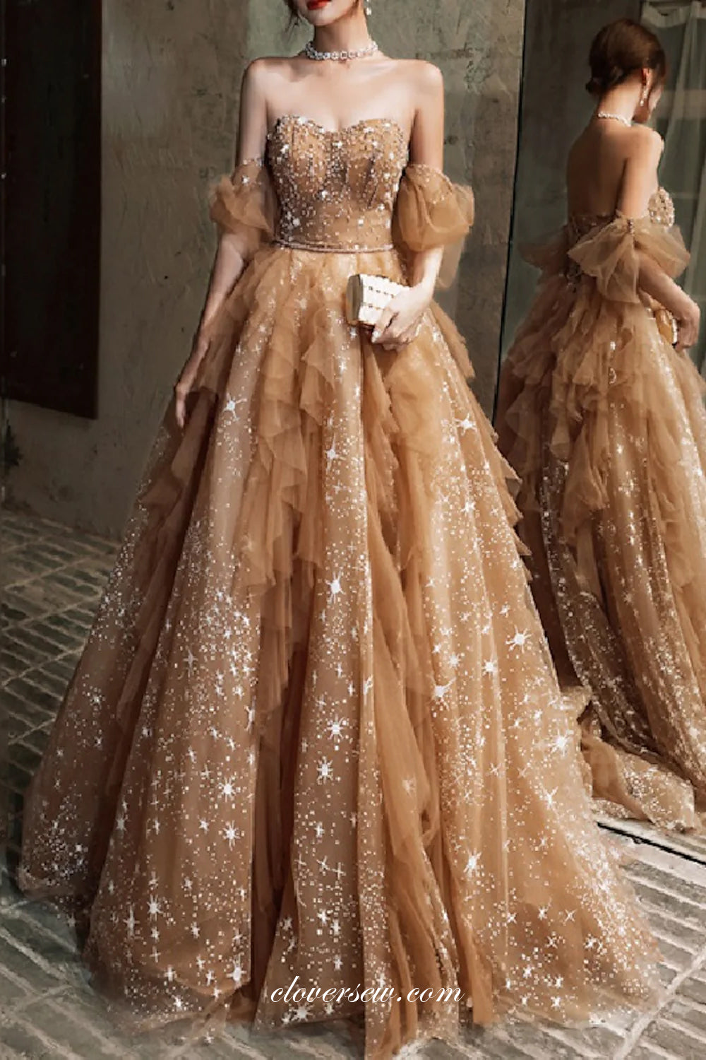 Beaded Ruffles Tulle Sweetheart Off The Shoulder Charming Prom Dresses, CP0800