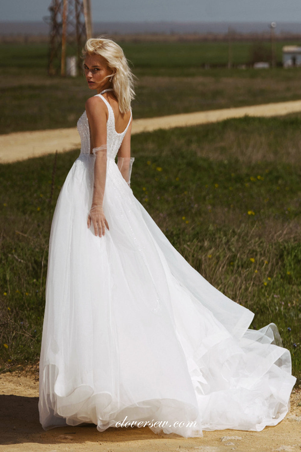 Beaded Sequined Lace Tulle Scoop Neck A-line Fashion Bridel Wedding Dresses, CW0329