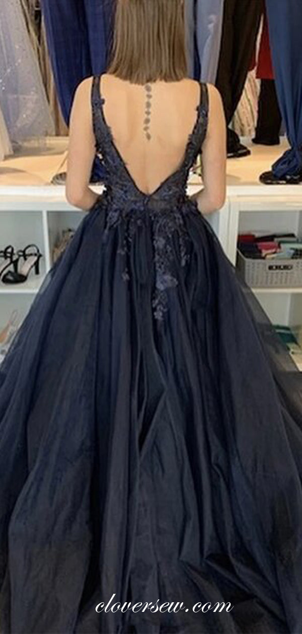 Black Applique Sleeveless V-neck A-line Prom Dresses, CP0534