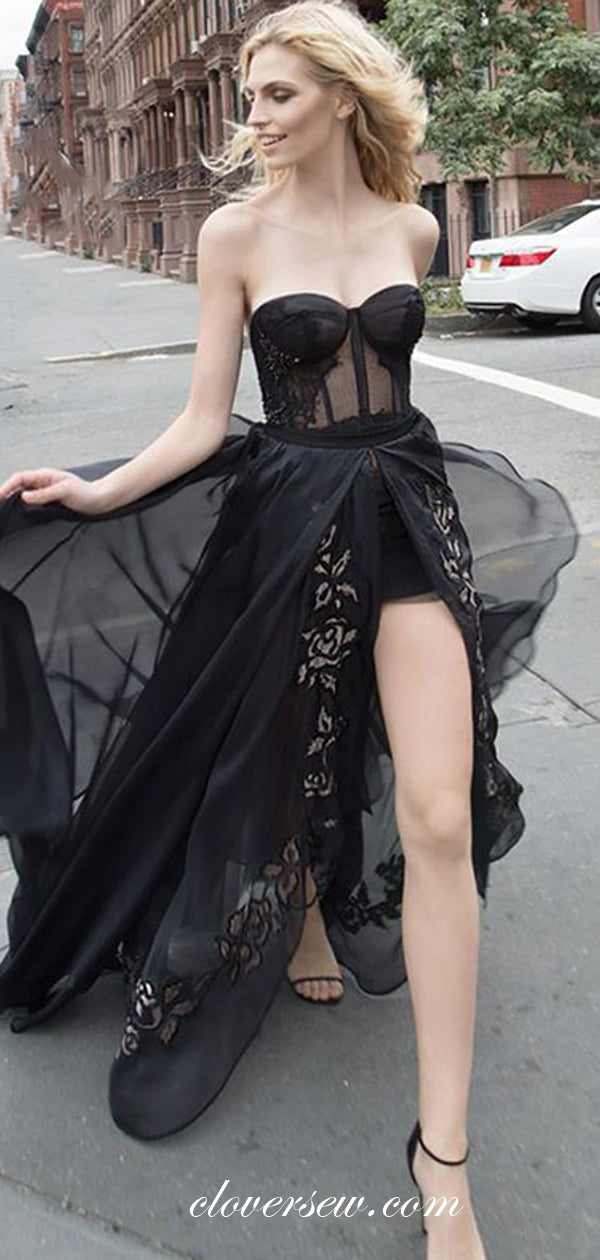 Black Applique Sweetheart Strapless See Through A-line Fashion Dresses, CP0511