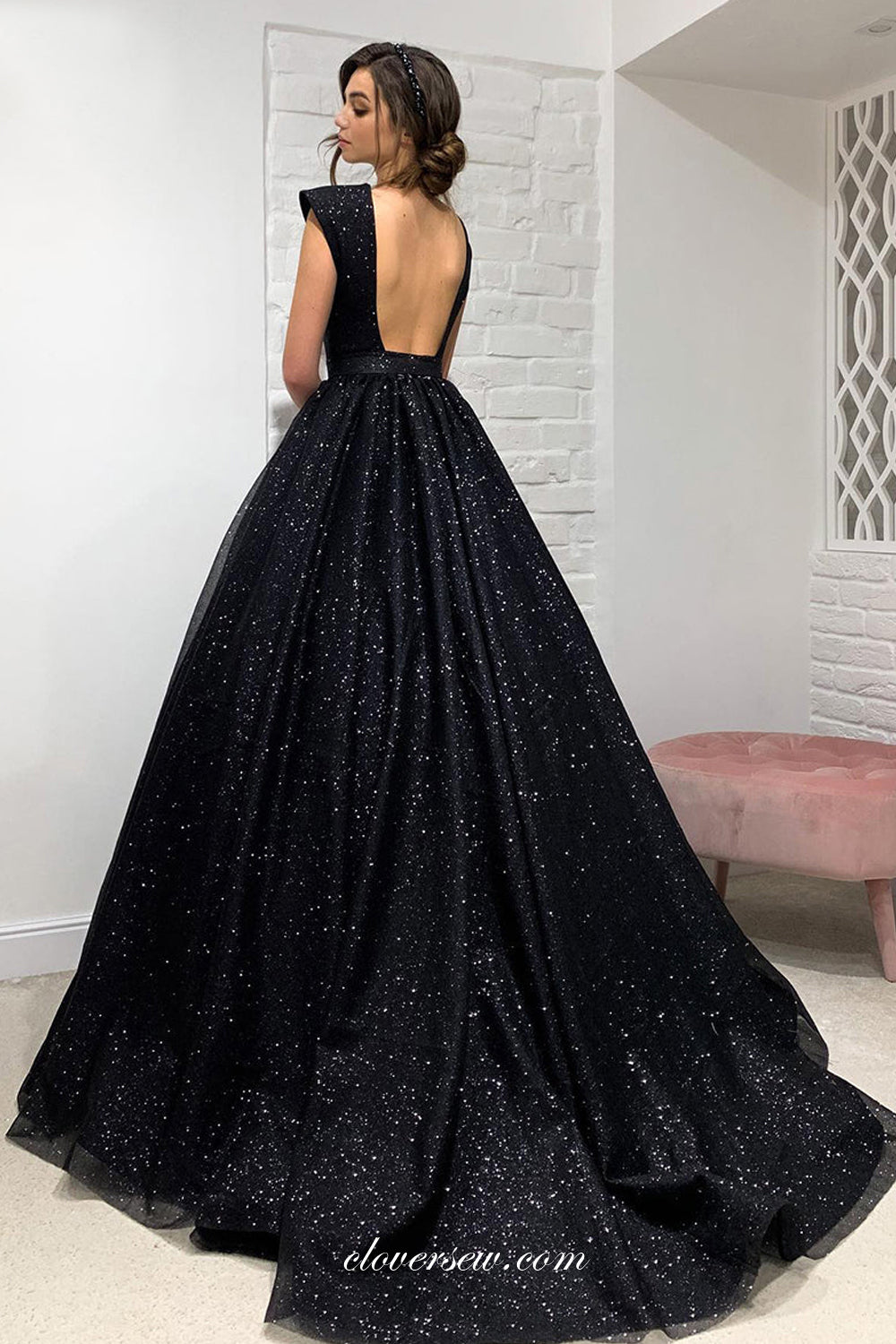 Black Beaded Sequin Tulle Deep V-neck Sleeveless Long Prom Dresses, CP0925
