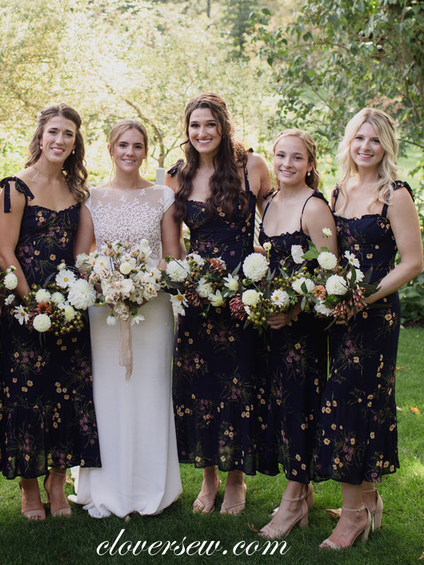 Black Floral Chiffon Sleeveless Column Tea Length Bridesmaid Dresses, clover sew Black Floral Chiffon Sleeveless Column Tea Length Bridesmaid Dresses, clover sew
