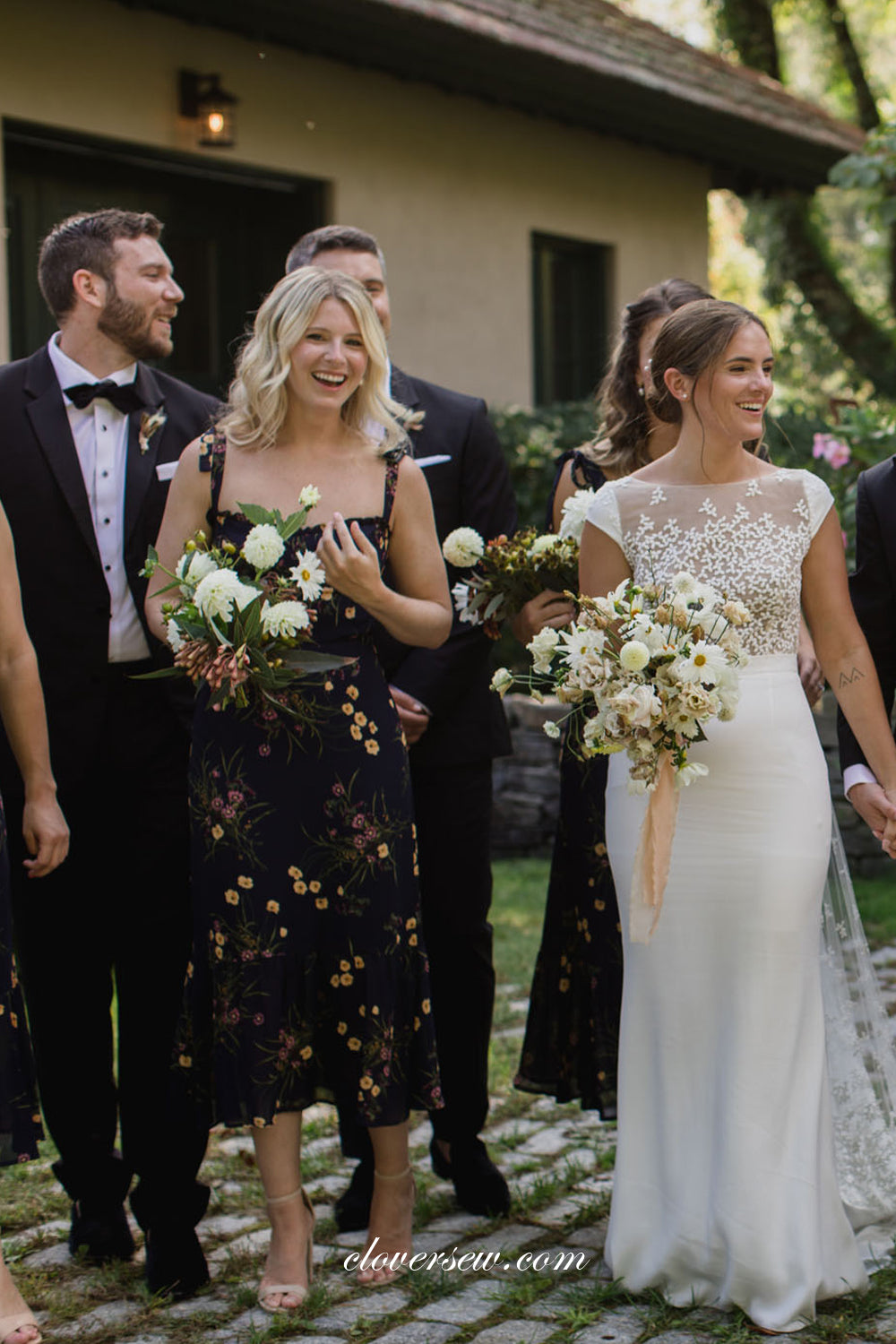 Black Floral Chiffon Sleeveless Column Tea Length Bridesmaid Dresses, CB0287