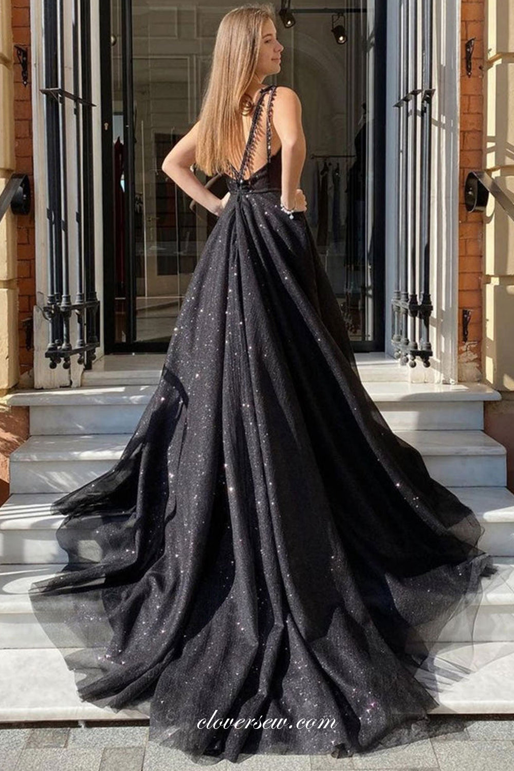 Black Glitter Tulle Lace Strap Scoop Neck A-line Slit Sparkly Prom Dresses, CP0980