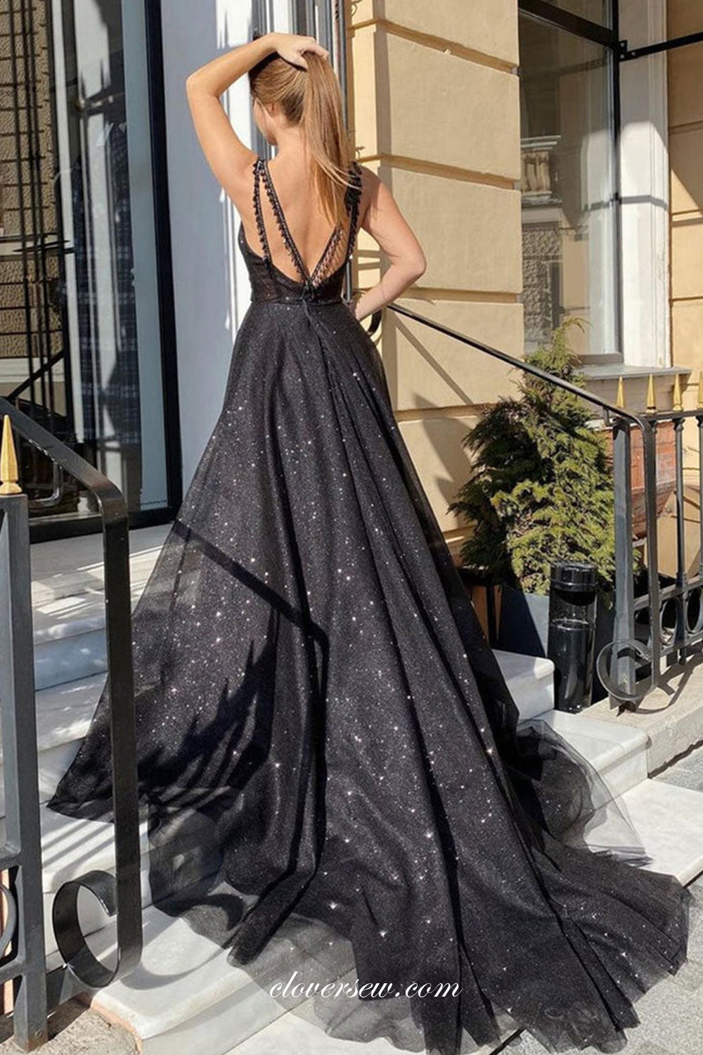 Black Glitter Tulle Lace Strap Scoop Neck A-line Slit Sparkly Prom Dresses, CP0980