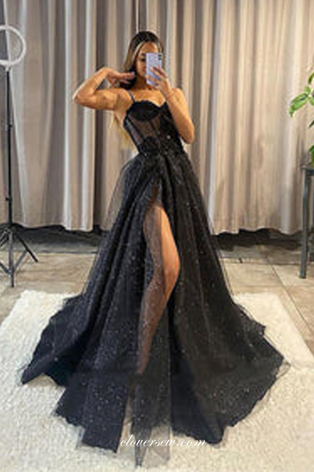 Black Glitter Tulle Sweetheart A-line High Slit Prom Dresses, CP0900