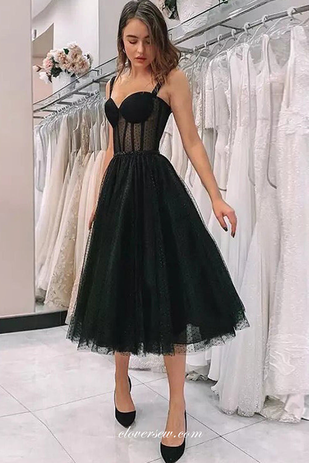Black Polka Dot Sweetheart Illusion A-line Tea-length Birthday Party Dresses, CP0969