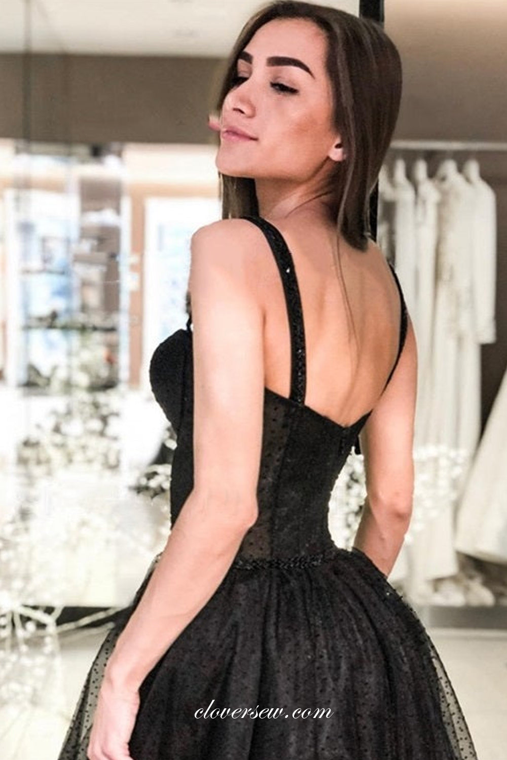 Black Polka Dot Sweetheart Illusion A-line Tea-length Birthday Party Dresses, CP0969