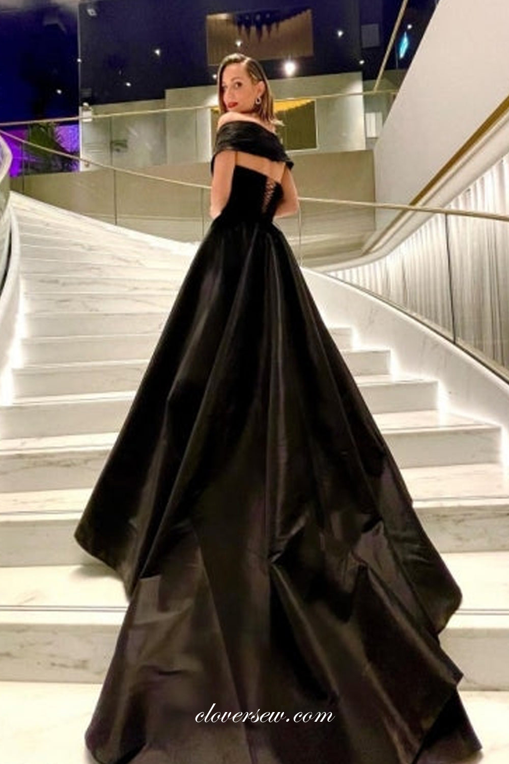 Black Satin Off The Shoulder A-line With Slit Charming Prom Dresses, CP0999