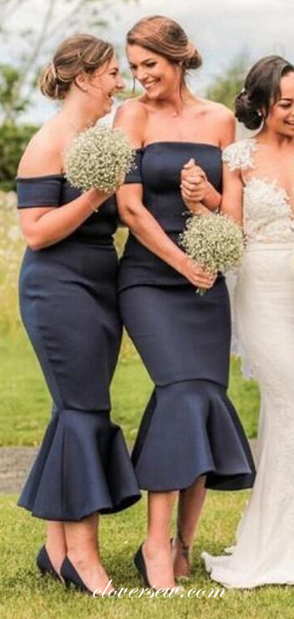 Black Satin Off The Shoulder Mermaid Tea Length Bridesmaid Dresses,CB0131