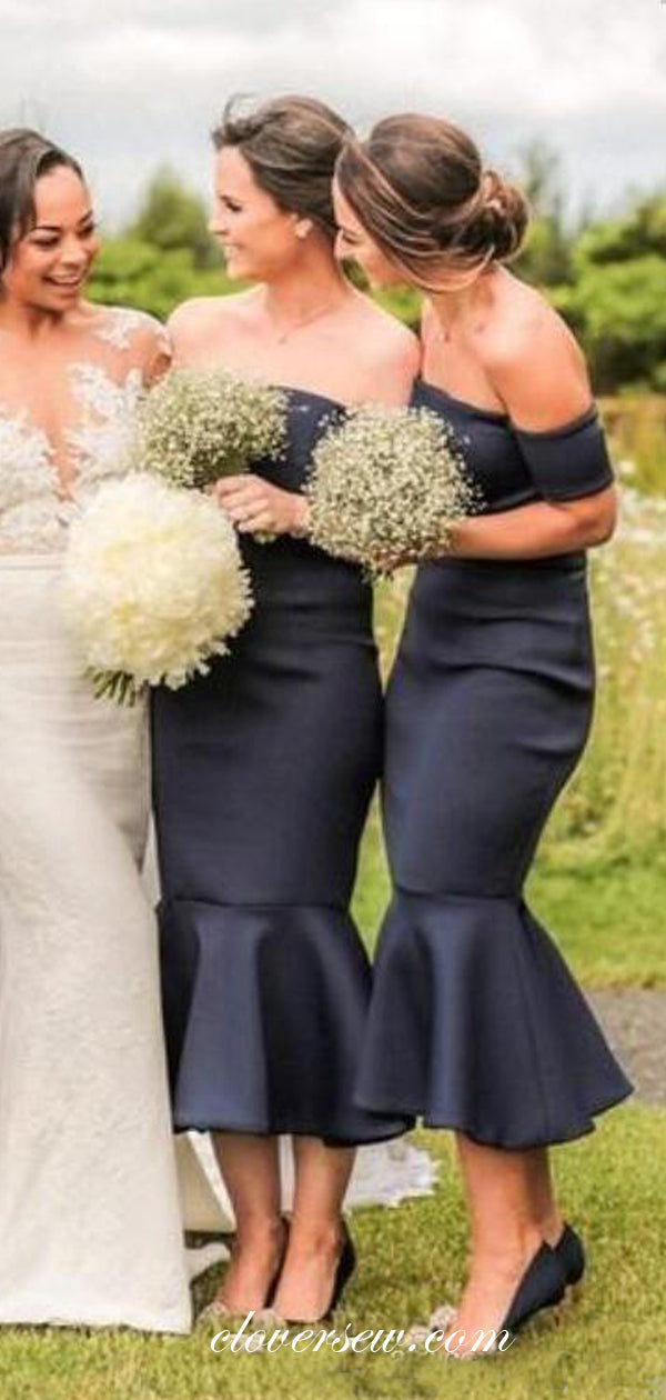 Black Satin Off The Shoulder Mermaid Tea Length Bridesmaid Dresses,CB0131