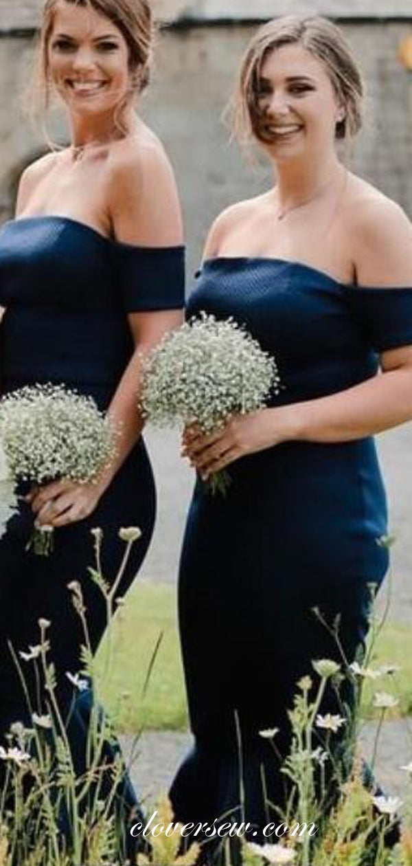 Black Satin Off The Shoulder Mermaid Tea Length Bridesmaid Dresses,CB0131