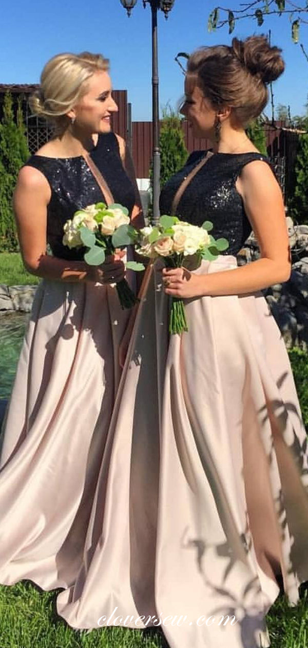 Black Sequin Satin Sleeveless A-line Long Bridesmaid Dresses,CB0133