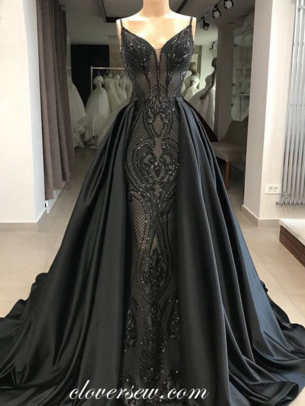 Black Sequined Applique Satin Over-skirt Formal Dresses, CP0658 clover sew Black Sequined Applique Satin Over-skirt Formal Dresses, CP0658 clover sew
