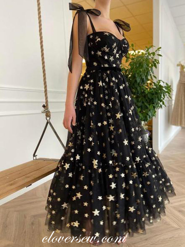Black Sequined Star Tulle Sweetheart A-line Ankle-length Prom Dresses, clover sew Black Sequined Star Tulle Sweetheart A-line Ankle-length Prom Dresses, clover sew