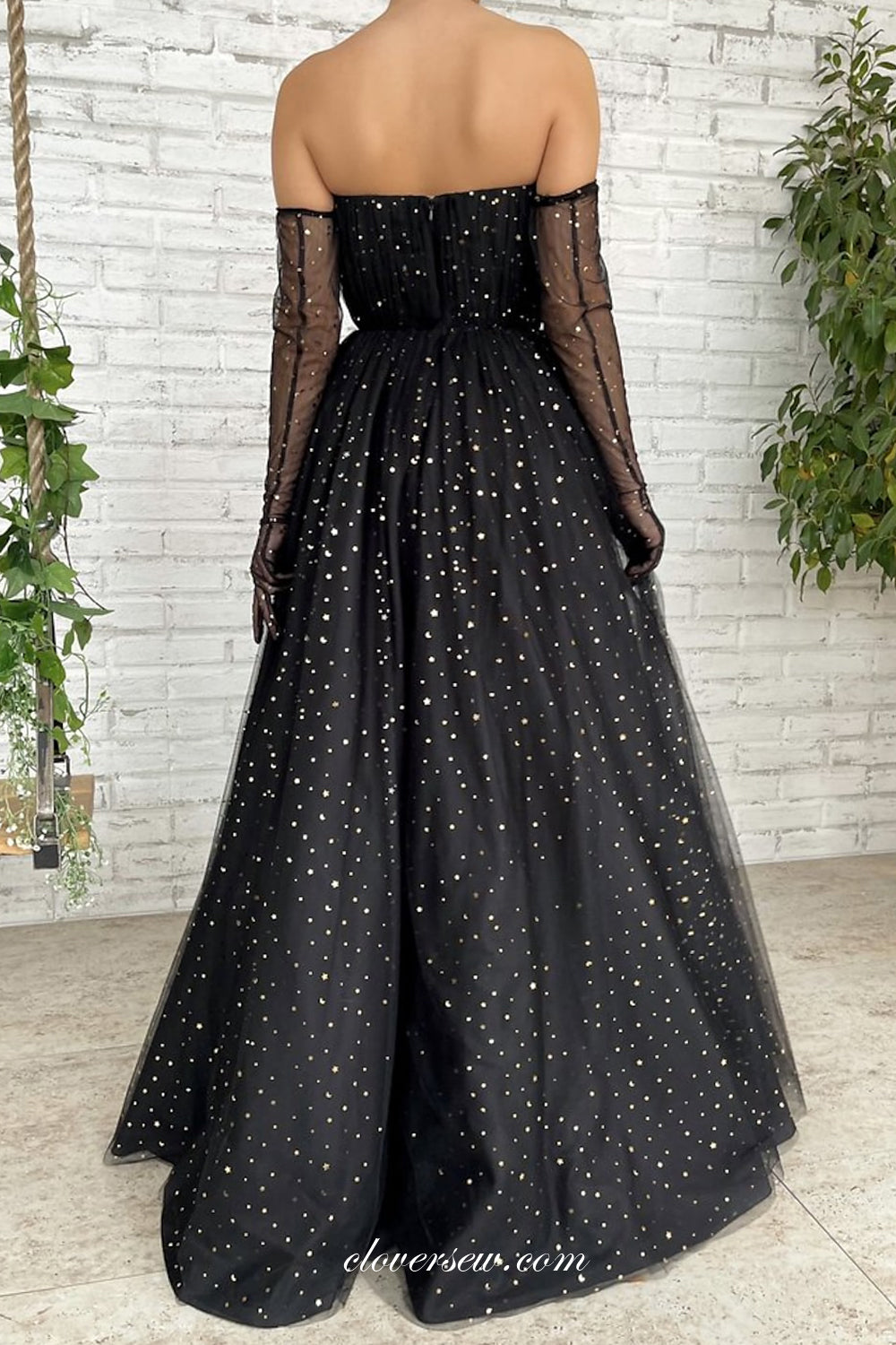 Black Sequined Tulle Glitter Long Sleeves Prom Dresses CP0802