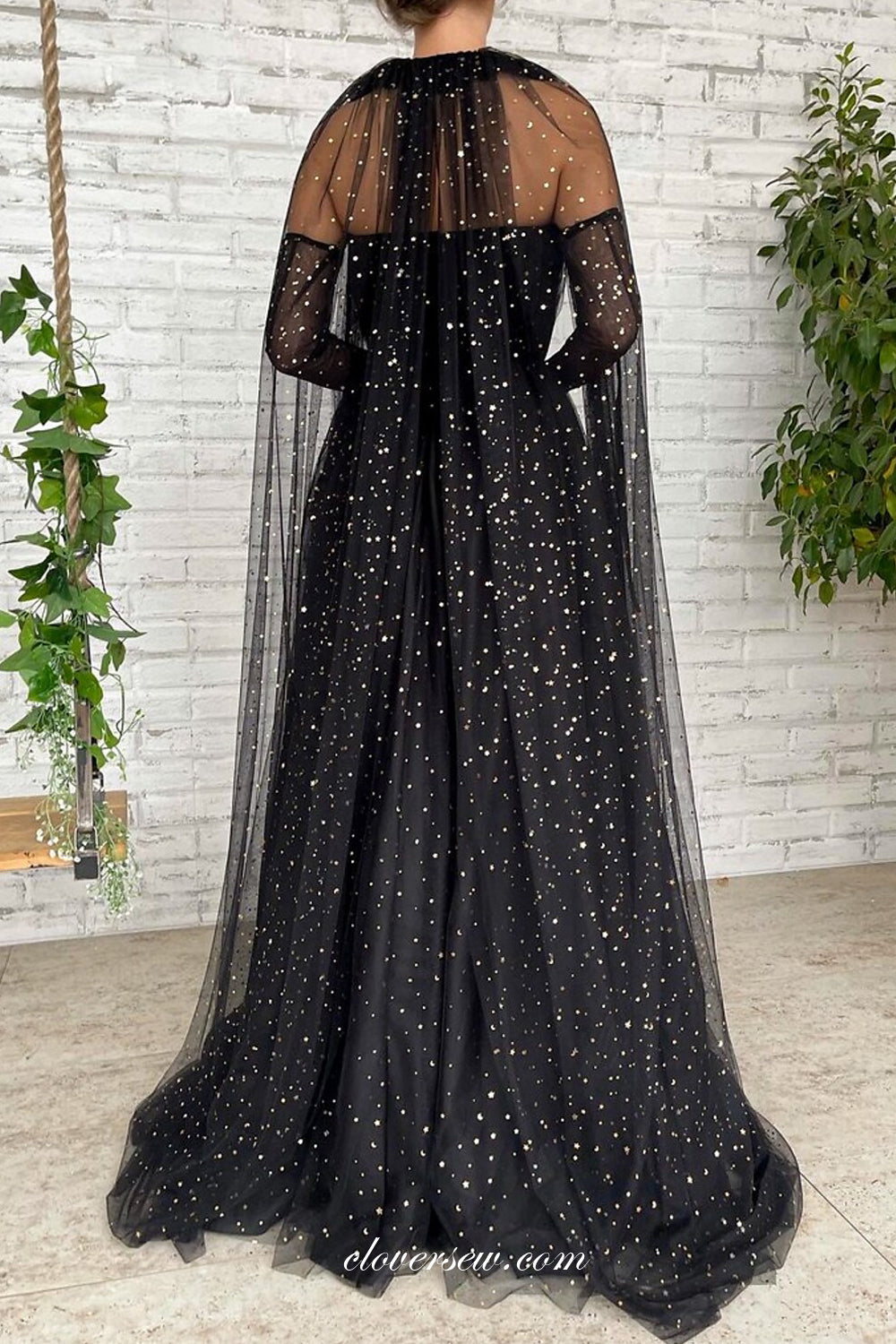 Black Sequined Tulle Glitter Long Sleeves Prom Dresses CP0802