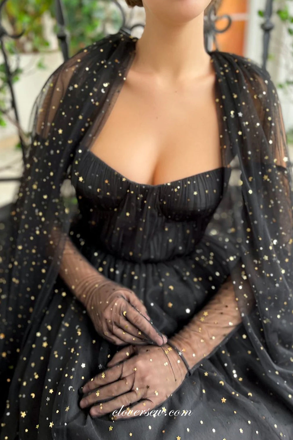 Black Sequined Tulle Glitter Long Sleeves Prom Dresses CP0802