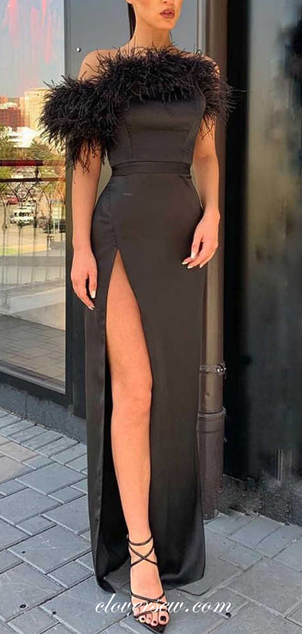 Black Strapless With Feather High Slit Charming Evening Dresses,CP0640