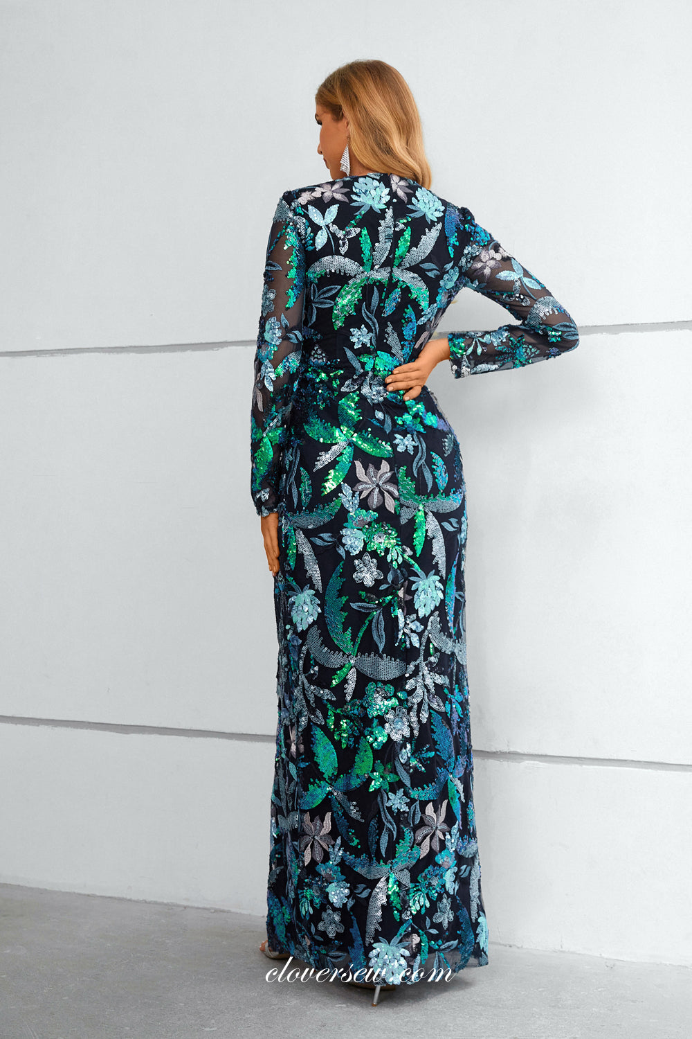 Black Tulle Beach Style Sequined Lace Long Sleeves Formal Dresses, CP0920