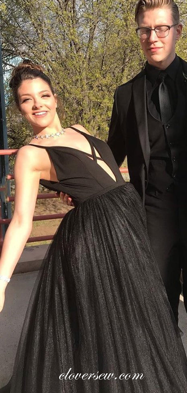 Black Tulle Criss-cross Spaghetti Strap A-line Prom Dresses, CP0579