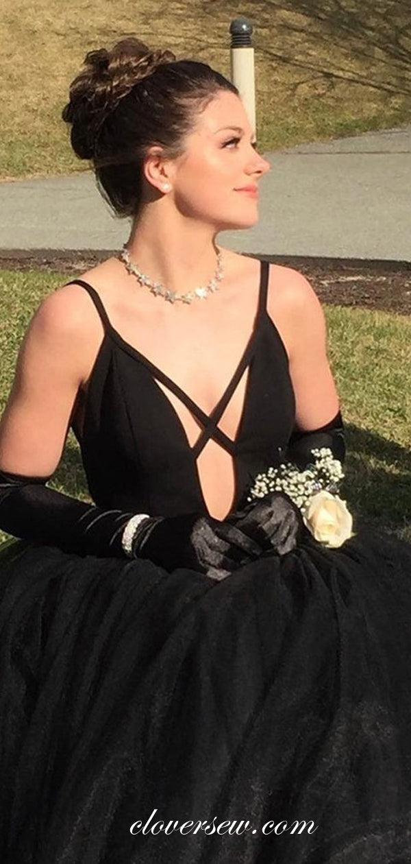 Black Tulle Criss-cross Spaghetti Strap A-line Prom Dresses, CP0579