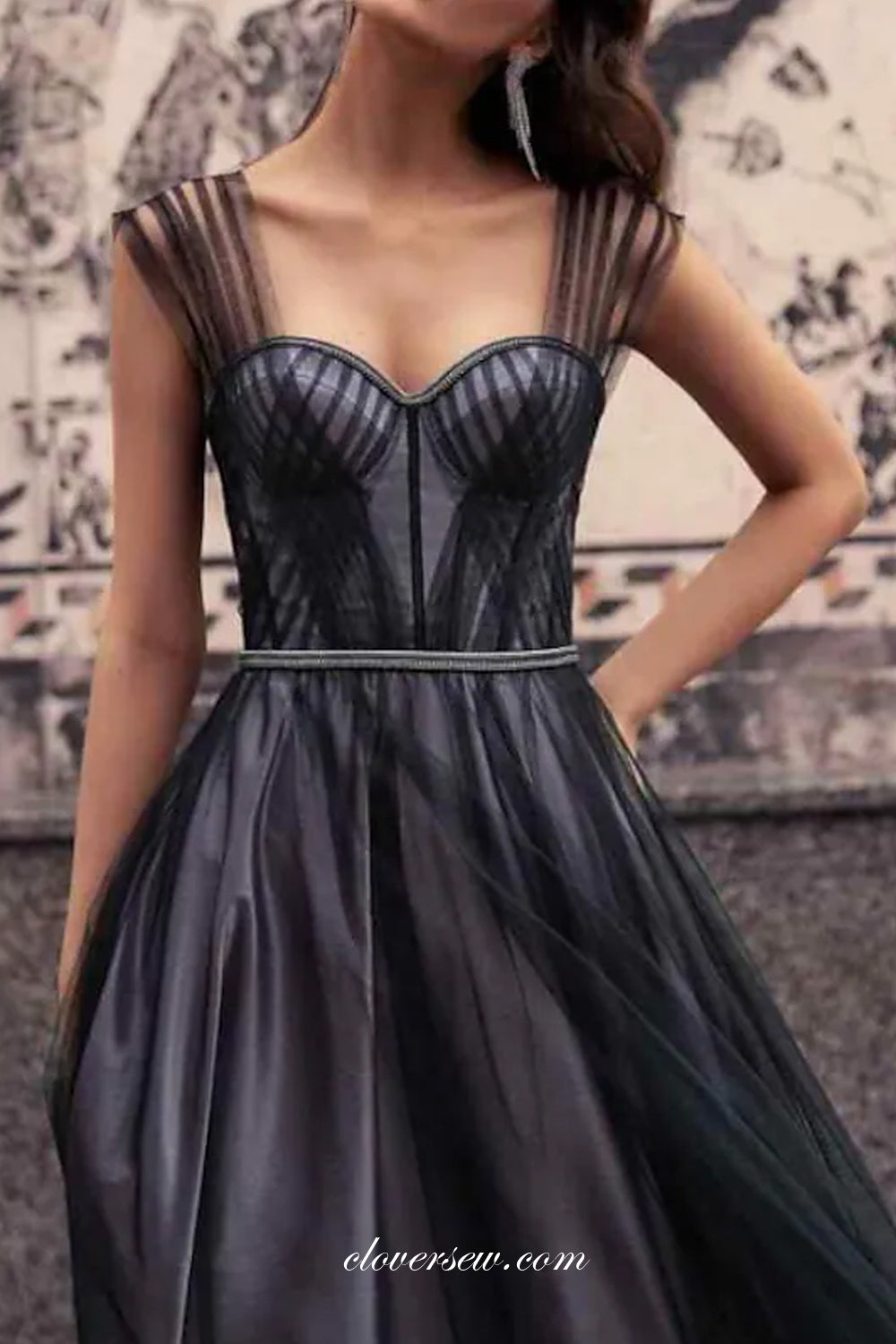 Black Tulle Pleating Sleeveless Sweetheart A-line Fashion Dresses, CP0728
