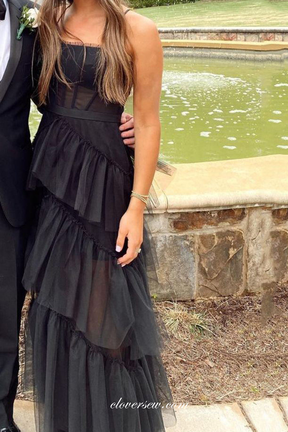 Black Tulle Spaghetti Strap Tiered Fashion Party Dresses, CP0828