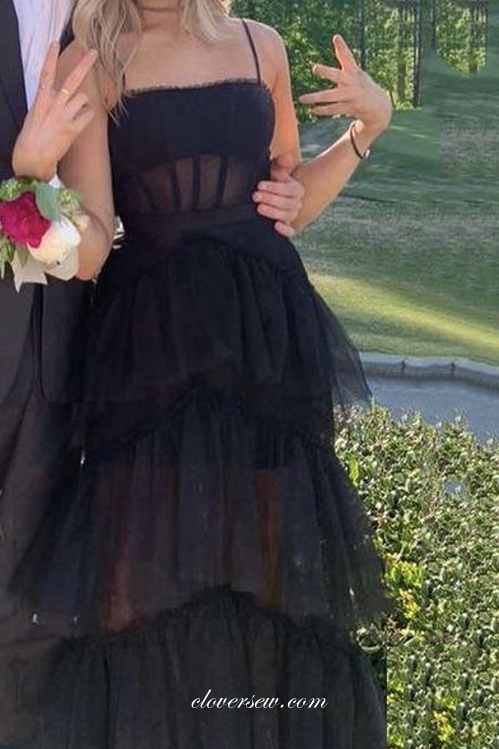 Black Tulle Spaghetti Strap Tiered Fashion Party Dresses, CP0828