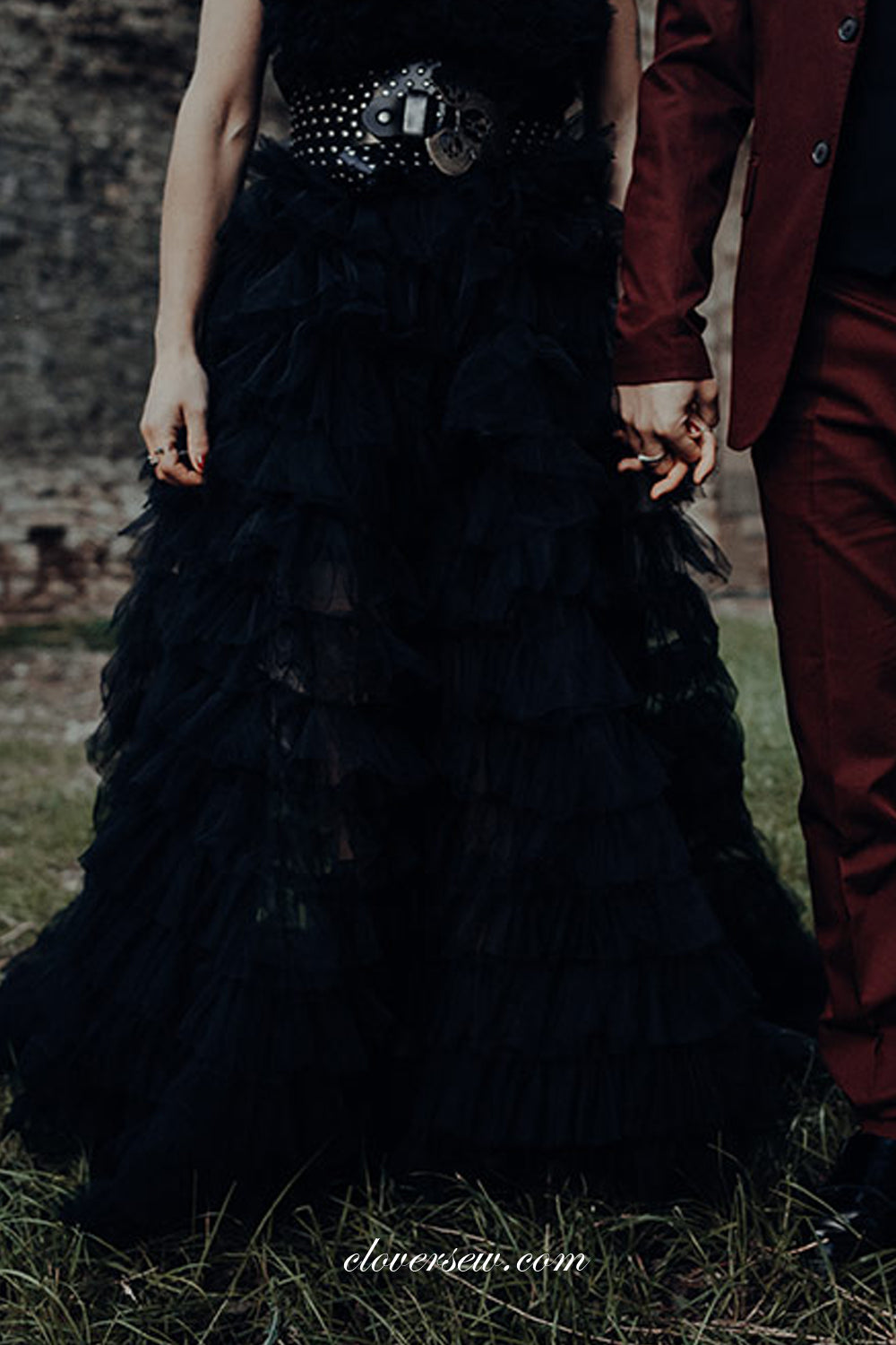 Black Tulle Strapless Ruffles Tiered Mermaid Elegant Wedding Dresses, CW0254