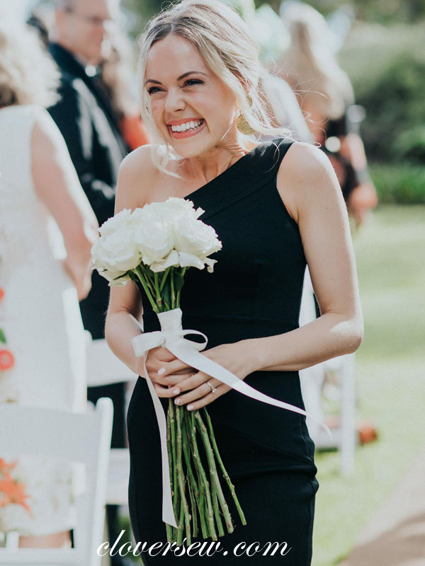 Black One Shoulder Sheath Knee Length Short Bridesmaid Dresses, CB0081