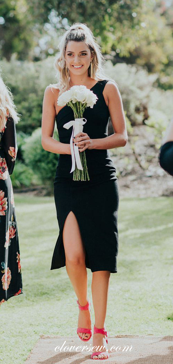 Black One Shoulder Sheath Knee Length Short Bridesmaid Dresses, CB0081