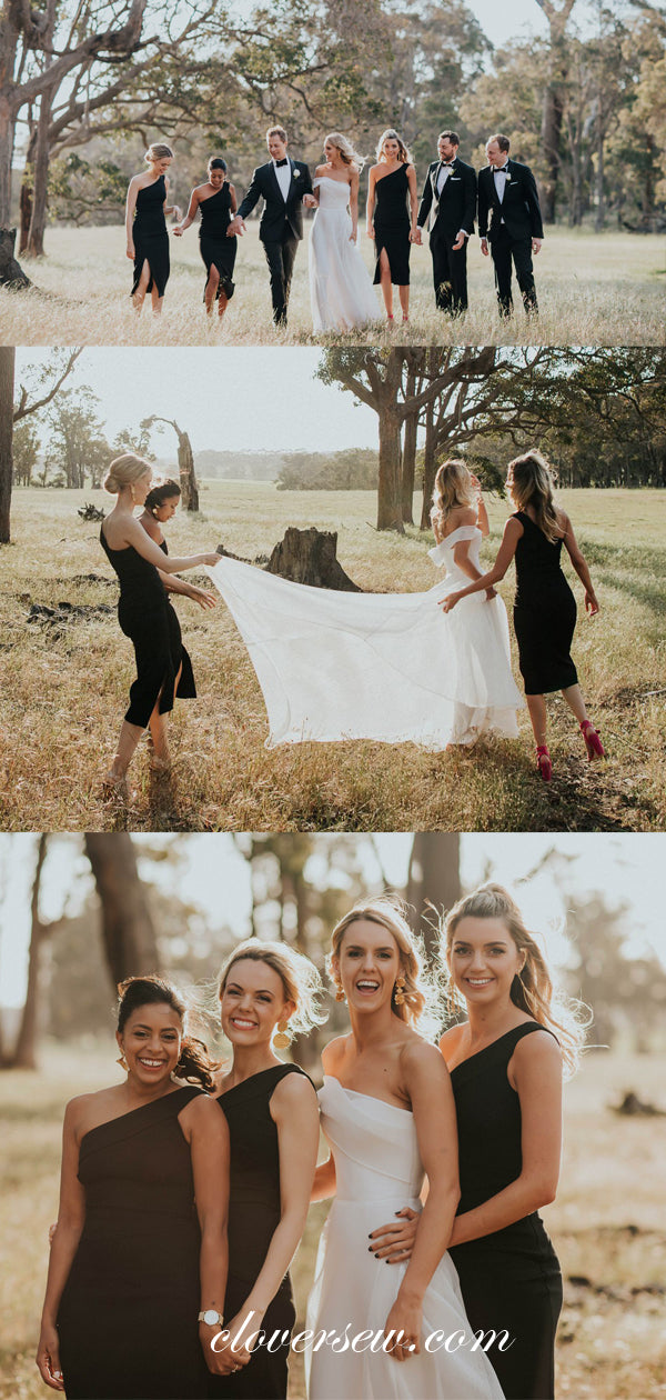 Black One Shoulder Sheath Knee Length Short Bridesmaid Dresses, CB0081
