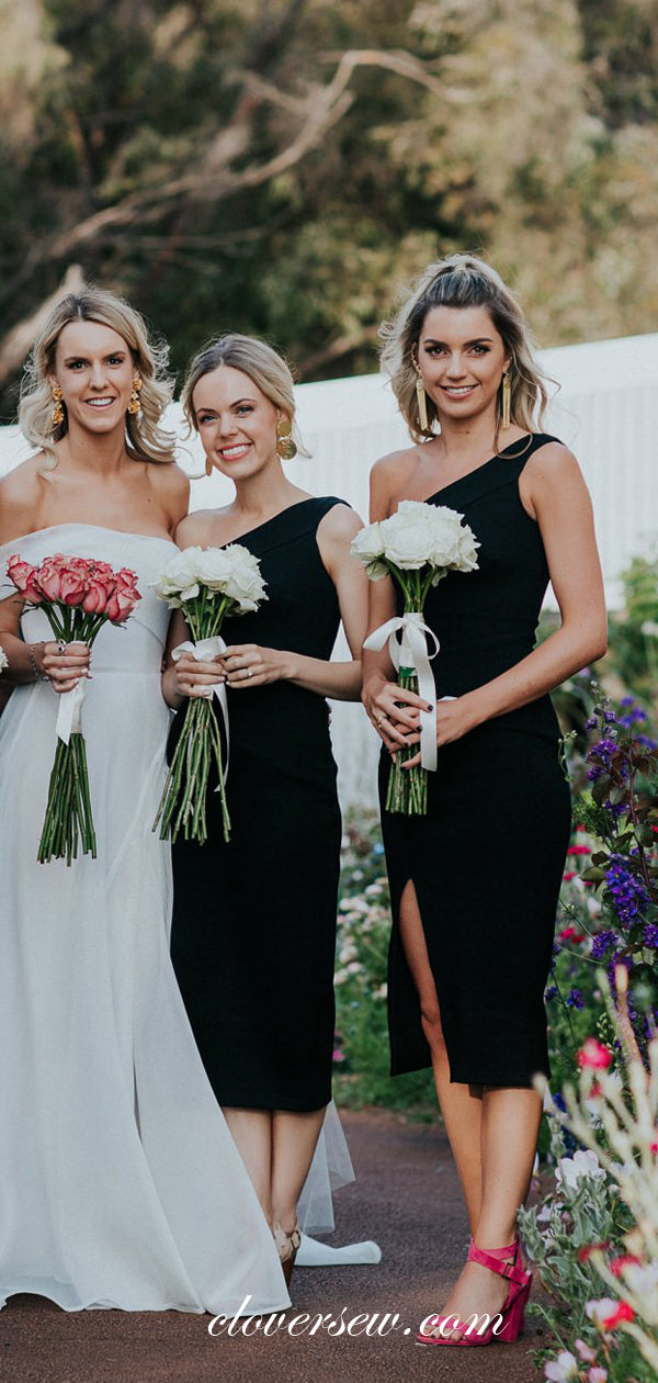 Black One Shoulder Sheath Knee Length Short Bridesmaid Dresses, CB0081