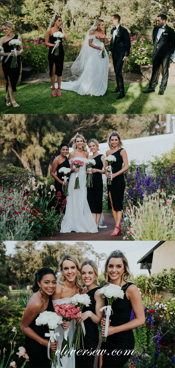 Black One Shoulder Sheath Knee Length Short Bridesmaid Dresses, CB0081