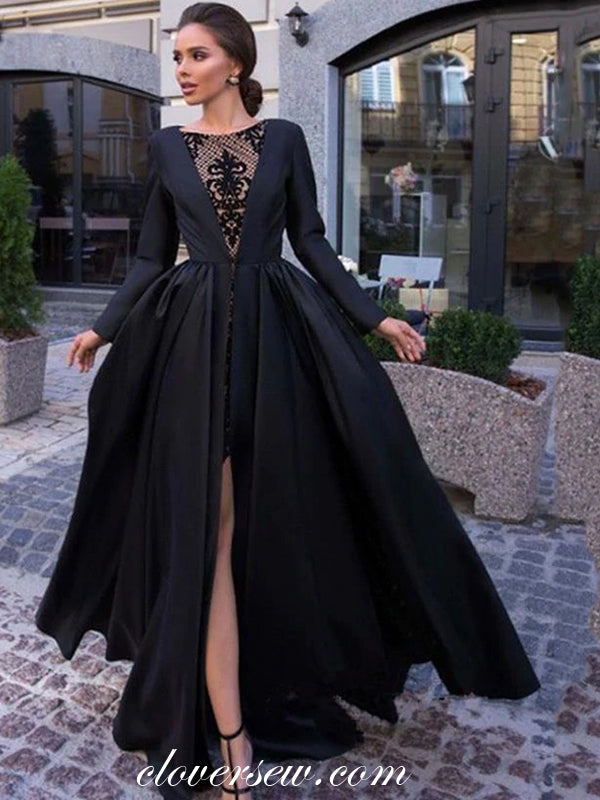 Black Satin Lace Long Sleeves Side Slit Formal Dresses, CP0482 clover sew Black Satin Lace Long Sleeves Side Slit Formal Dresses, CP0482 clover sew