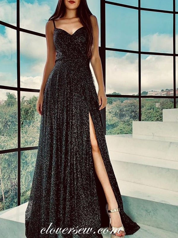 Black Sequined Tulle Spaghetti Strap Side Slit A-line Prom Dresses ,CP clover sew Black Sequined Tulle Spaghetti Strap Side Slit A-line Prom Dresses ,CP clover sew