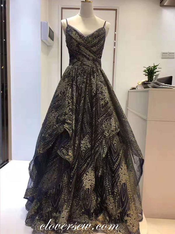 Black Tulle Gold Lace Spaghetti Strap A-line Prom Dresses,CP0229 clover sew Black Tulle Gold Lace Spaghetti Strap A-line Prom Dresses,CP0229 clover sew
